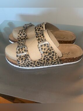 Leopard Print Double Buckle Cork-Style Slide Sandals